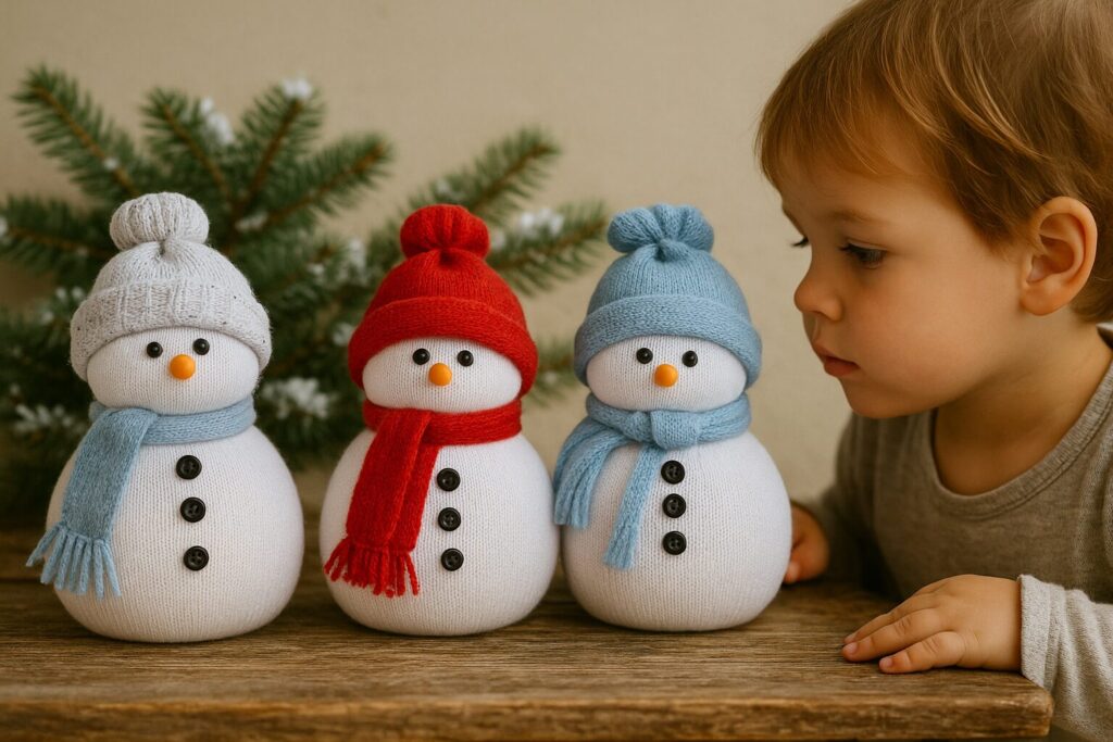 Bastel Idee für Kinder_Kuschelige Schneemänner aus Socken